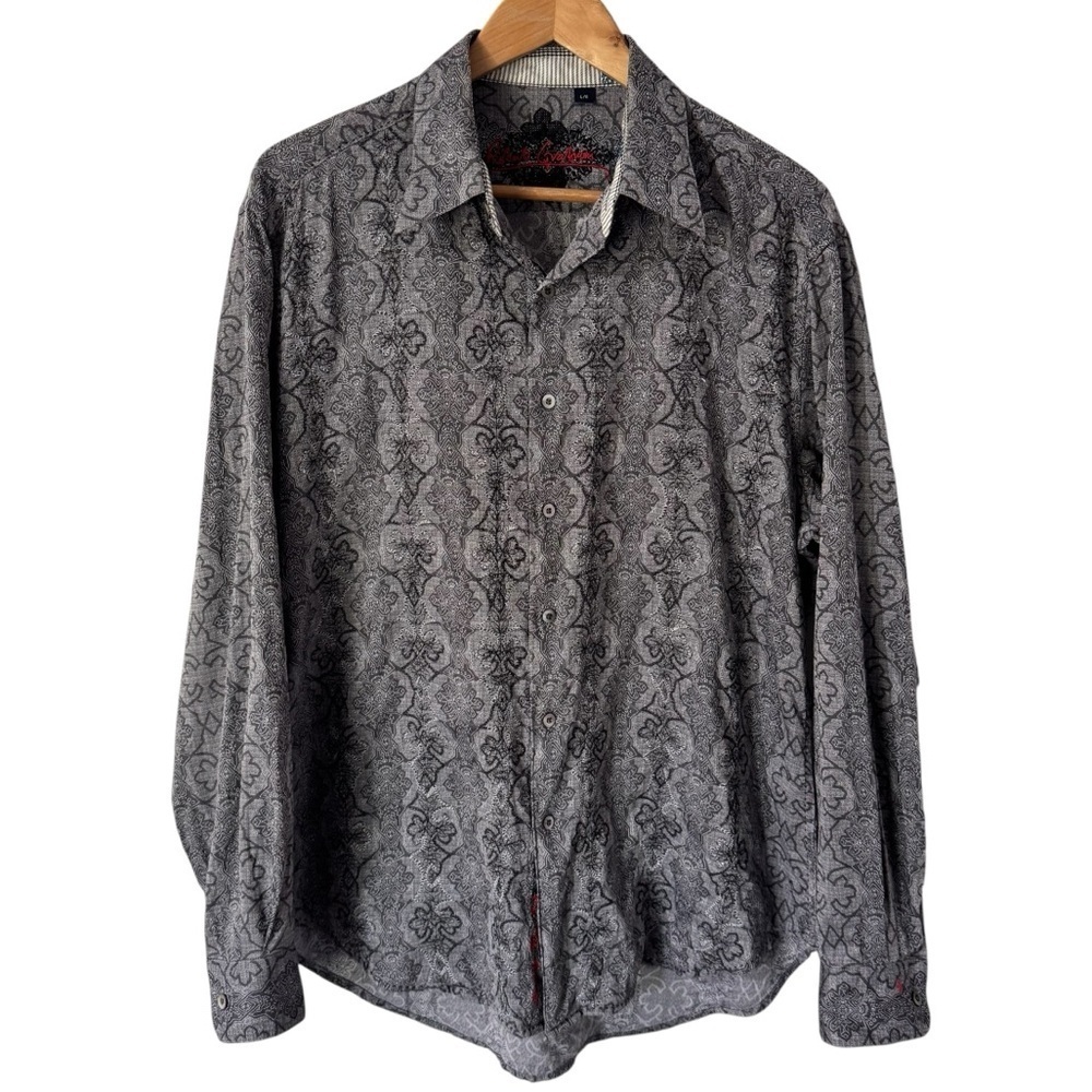 Robert Graham Paisley Damask Dress Shirt Mens L Grey Button Down Baroque VGUC
